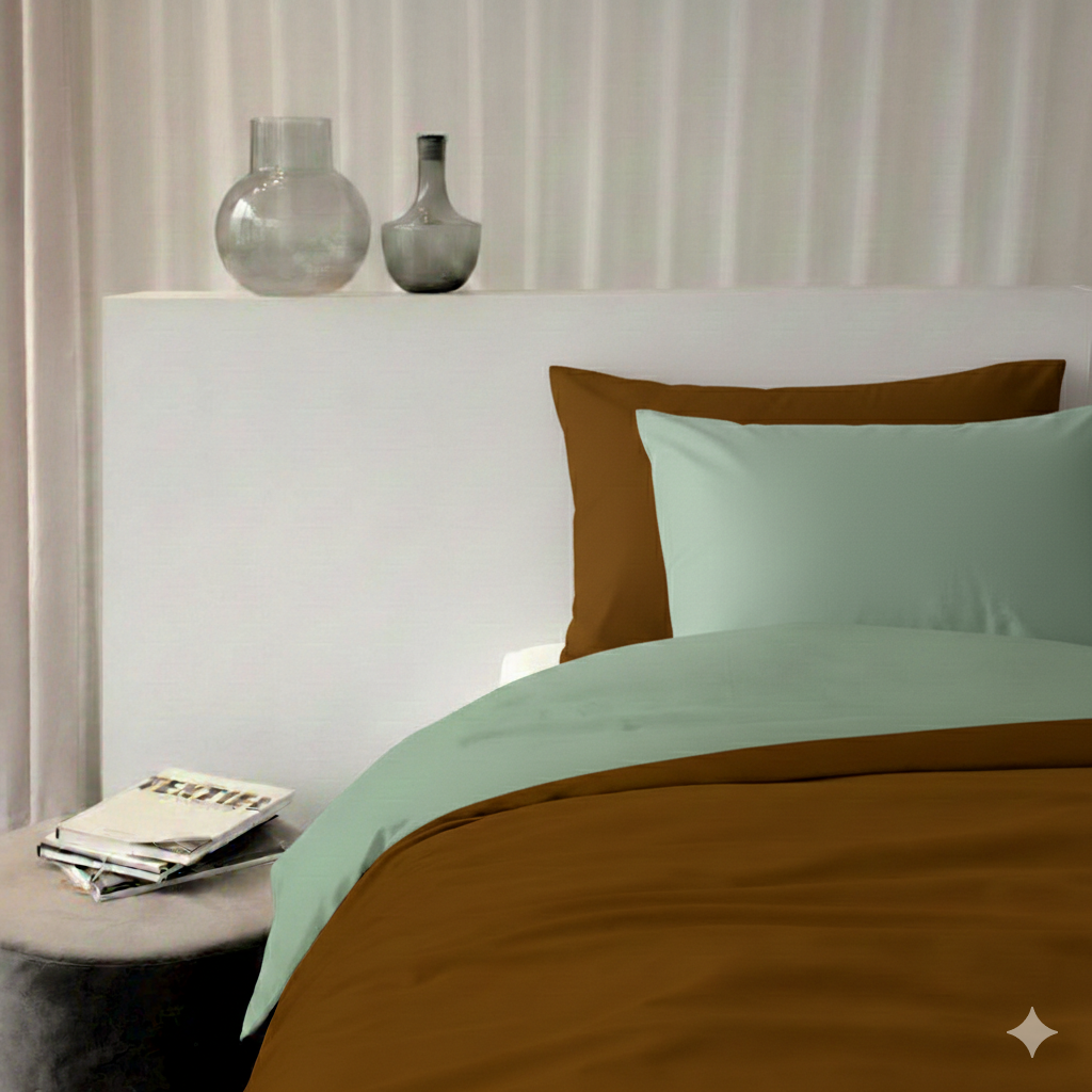 Lysdrap dekbedovertrek Gemini in Caramel en Wasabi - Deuxamis