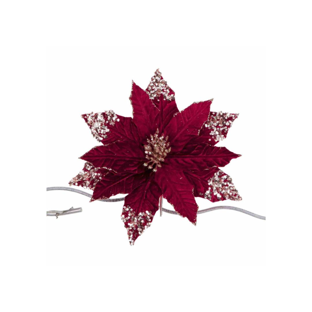 Poinsettia met pailletten in bordeauxkleur - Deuxamis