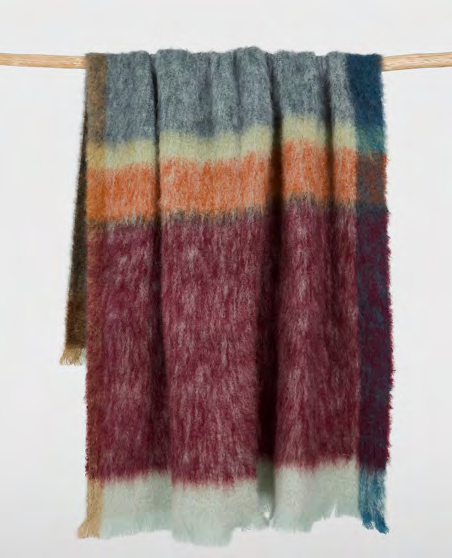 Mantas Ezcaray Rozco mohairplaid RZ-41 in grijsblauw, oranje, bordeaux en mint